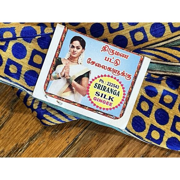 Indian Silk Bollywood Saree in Green, Blue, and Gold Color - Picture 3 of 8